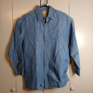 Wah Makers Denim Large Blue Button Down Shirt Bib Style Western Cowboy (0481B2)